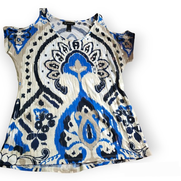 INC Sequins Ikat Cold Shoulder Top size L - Picture 7 of 9